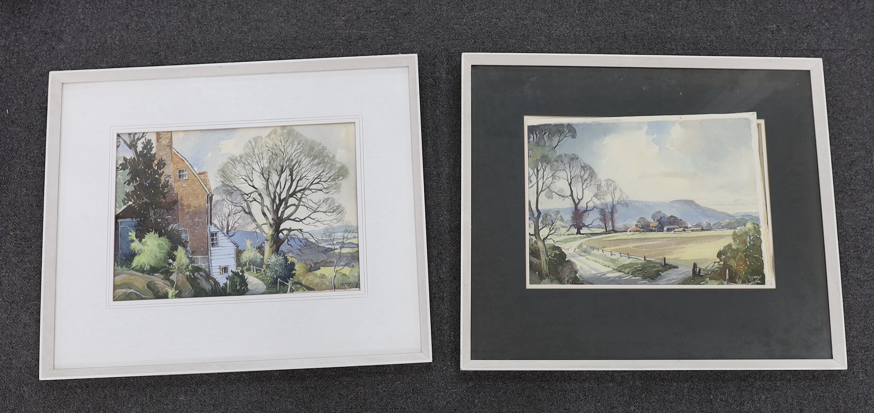 F J James, two watercolours, including Cottages at West Hoathly’, one signed, 36cm x 25cm